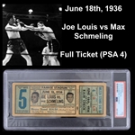 1936 (June 18th) Joe Lois vs Max Schmeling Boxing Match at Yankee Stadium Ticket Graded VG-3 (PSA Slabbed)