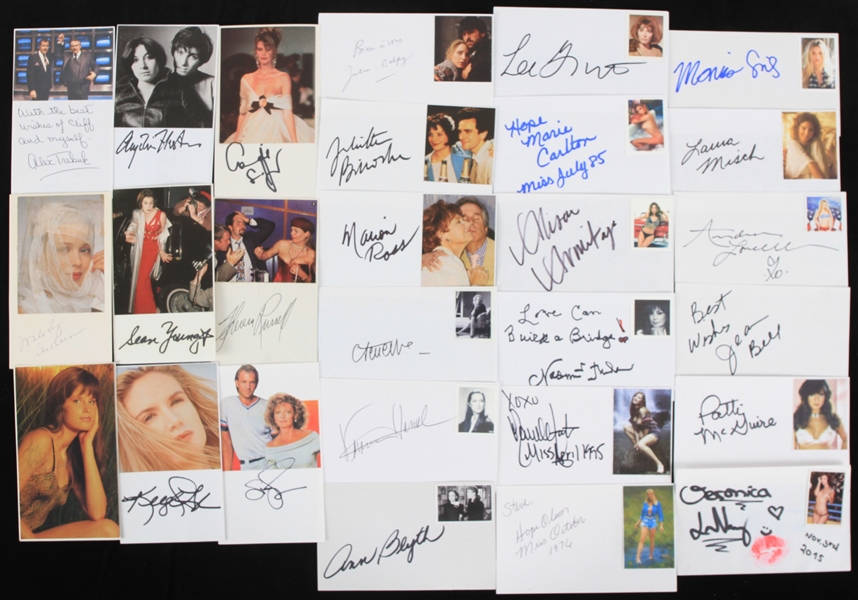 Claudia Schiffer, Alex Trebek, Naomi Judd, Hope Olson, Laura Misch, Monica Sims, and More Autographed Index Cards(Lot of 59)