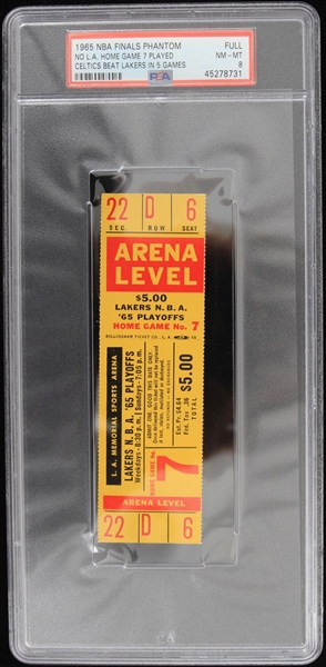 1965 NBA Finals Celtics Beat Lakers in 5 Games - No L.A. Home Game Phantom Full Ticket (PSA NM-MT 8) 