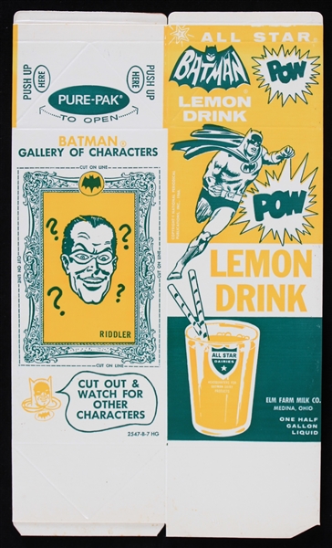 1966 Batman Lemon Drink 7.5” x 12.75” Unfolded Carton (Old Store Stock)