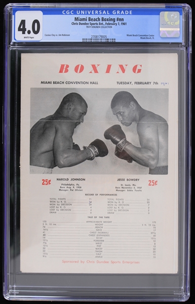 1961 Muhammad Ali (Cassius Clay) Jim Robinson Fourth Career Fight Program (CGC Slabbed 4.0) Troy Kinunen Collection