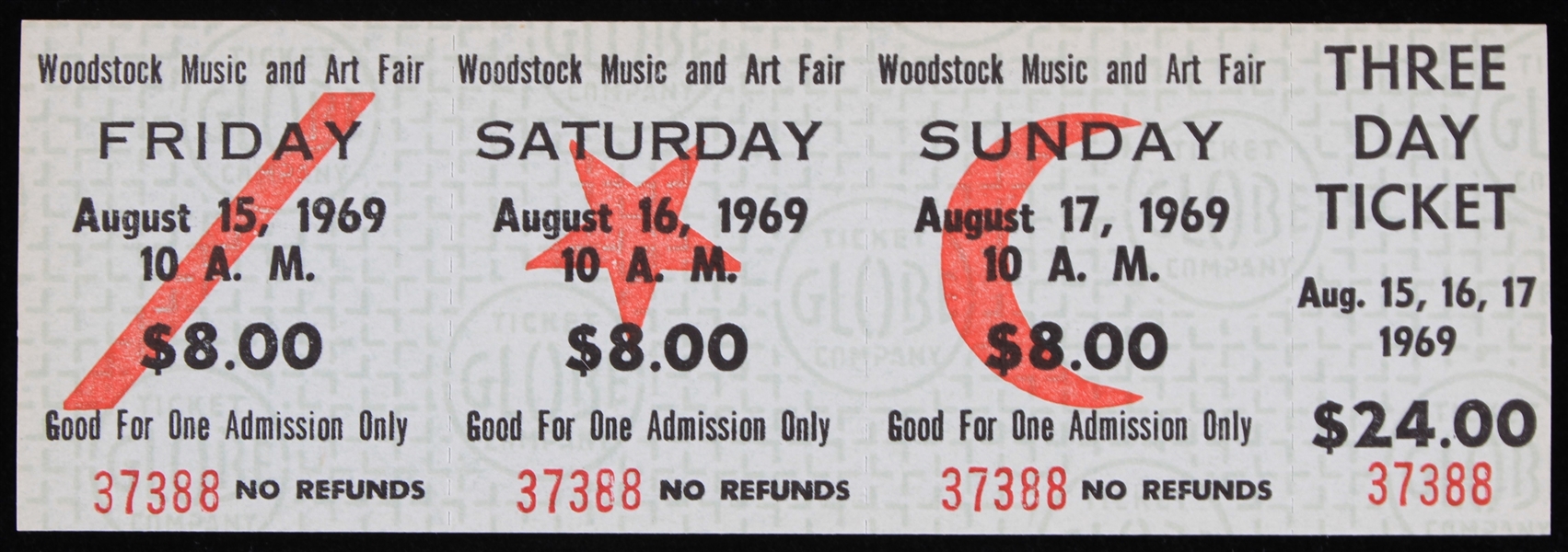1969 Woodstock Music & Art Fair Full Unused Three Day Ticket