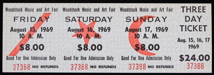 1969 Woodstock Music & Art Fair Full Unused Three Day Ticket
