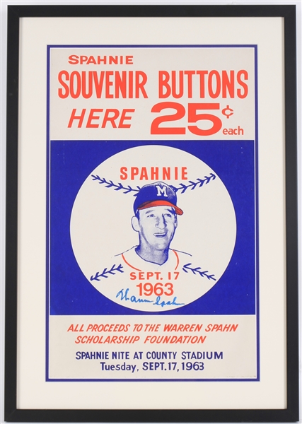 1963 (Sept 17) Warren Spahn Milwaukee Braves Souvenir Buttons "Spahnie Nite" Autographed 19x28 Cardboard Advertising Sign *JSA* 