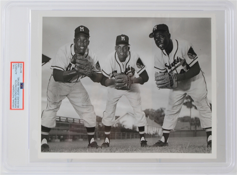 1958 Hank Aaron Bill Bruton Wes Covington Milwaukee Braves 8" x 10" Original Photo (PSA Slabbed Type 1)