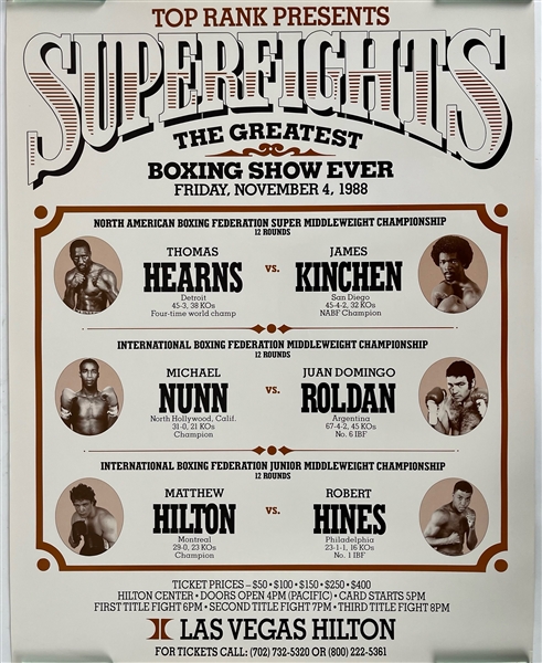 1988 Top Rank Boxing Super Fights 22" x 28" Poster w/ Thomas Hearns, James Kinchen, Michael Nunn, Matthew Hilton & More