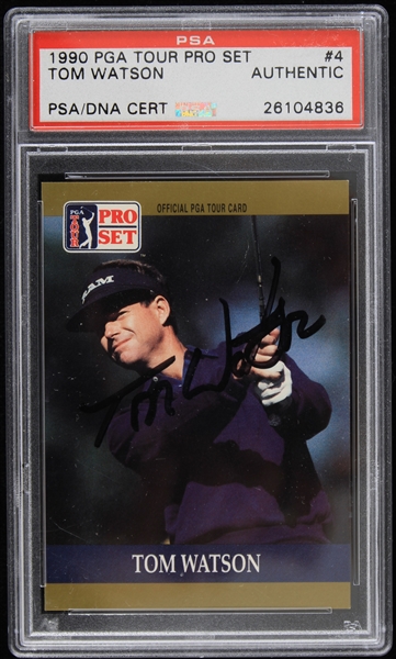 1990 Tom Watson Autographed PGA Tour Pro Set Trading Card (PSA Slabbed) w/ 2001 Tiger Woods Upper Deck #1 (8.5 NM-MT+ Slabbed)
