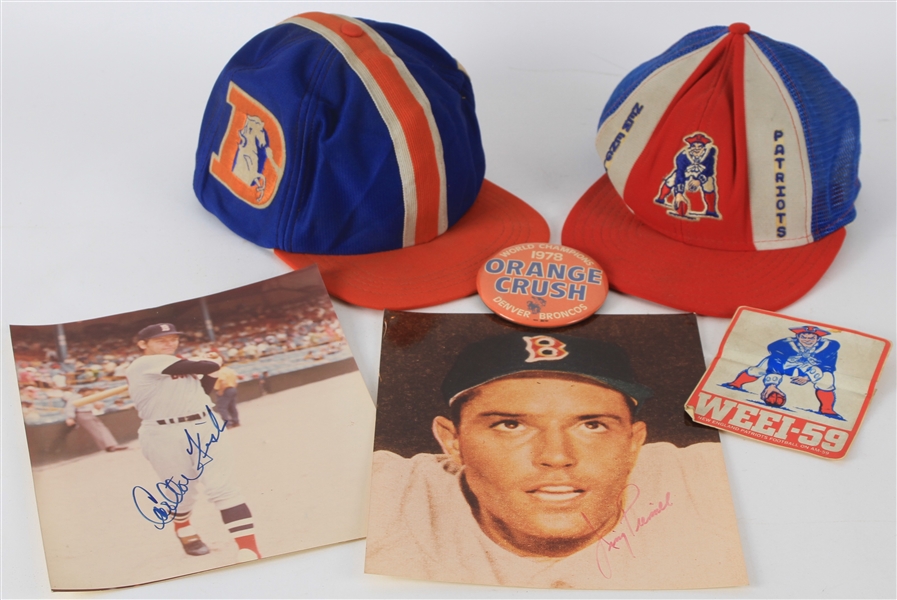 1960s-80s Patriots Red Sox Broncos Memorabilia Collection - Lot of 6 w/ Vintage Caps, Signed Photos, Pinback & More