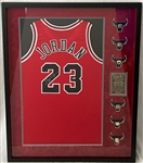 2000s Michael Jordan Chicago Bulls 34" x 42" Framed Display w/ Signed Jersey & Replica Championship Rings (Upper Deck/JSA)