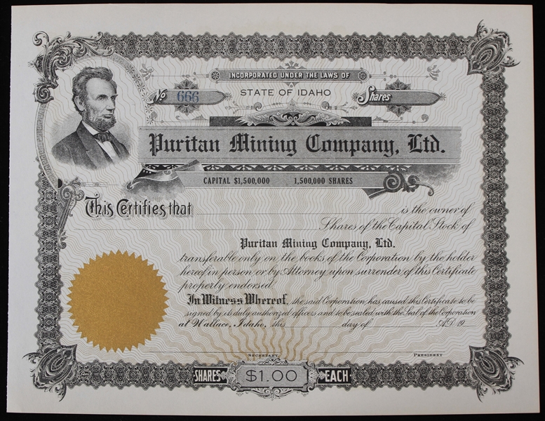 1912 Puritan Mining Company, LTD Stock Certificate