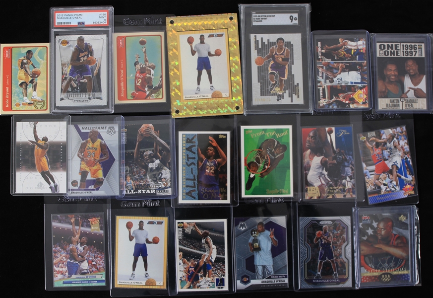 1990s-2000s Shaquille ONeal Kobe Bryant Los Angeles Lakers Basketball Trading Cards - Lot of 29 w/ 2012 Shaq Panini Prizm (PSA Mint 9) and 1999-00 Kobe Upper Deck MVP (SGC 9 MT)