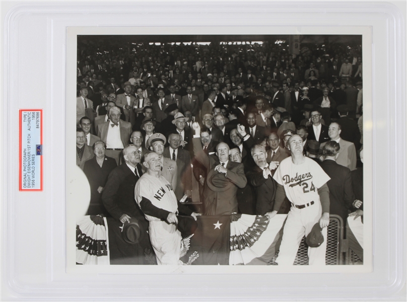 1956 Dwight Eisenhowser World Series (Los Angeles Dodgers vs New York Yankees) 1st Pitch Black and White Photo (Type I) (PSA Slabbed)