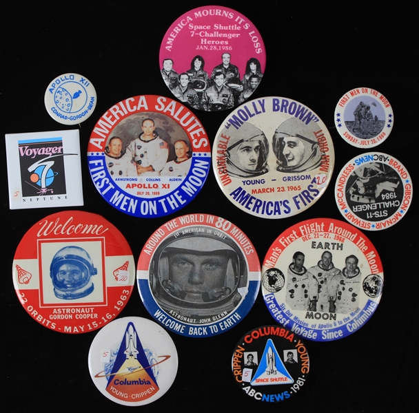 1960s-80s NASA Astronauts Space Missions Pinback Buttons - Lot of 12 w/ John Glenn, Apollo XII, America Salutes First Men on Moon & More 