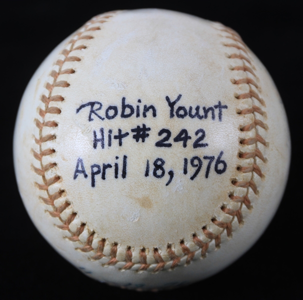 1976 (April 18) Robin Yount Milwaukee Brewers Signed OAL MacPhail Game Used Career Hit #242 Baseball (MEARS LOA/JSA)
