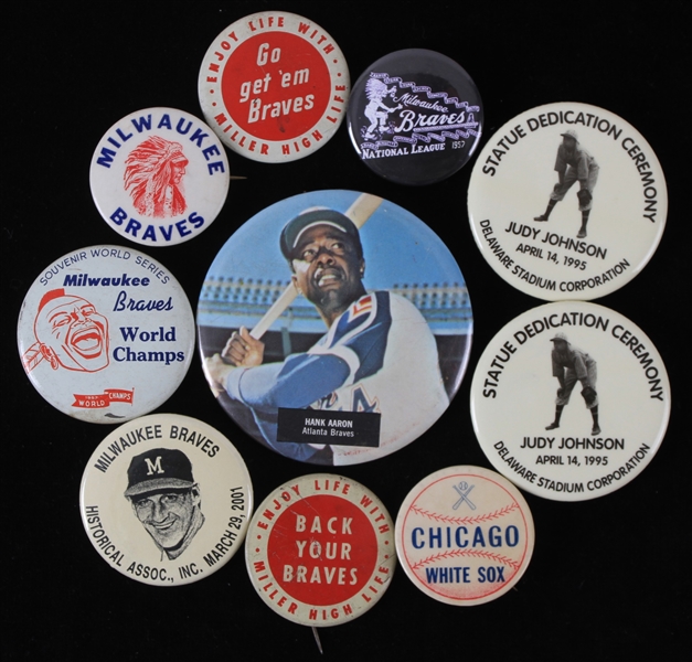 1950s-2000s Baseball 1"-3" Pinback Buttons Including Hank Aaron Atlanta Braves, Milwaukee Braves, Chicago White Sox and More (Lot of 10)