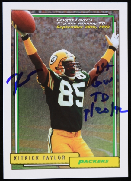 1992 Kitrick Taylor Green Bay Packers Signed Favres First Game Winning TD Commemorative Trading Card (JSA)