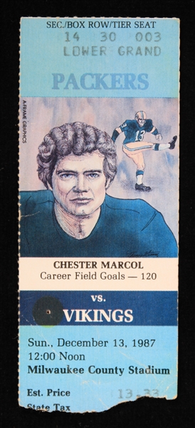 1987 Packers vs Vikings Milwaukee County Stadium Chester Marcol 120 Career Field Goals Ticket Stub 