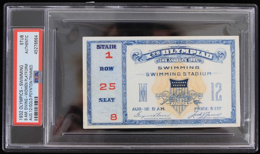 1932 Olympics Swimming Womens Diving Poynton Gold Ticket Stub (PSA Slabbed) 