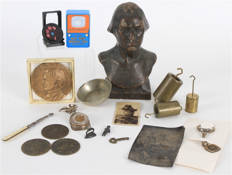 1800s-1960s Americana Collection - Lot of 19 w/ George Washington Bust, Civil War Charm, Vintage Photography & More