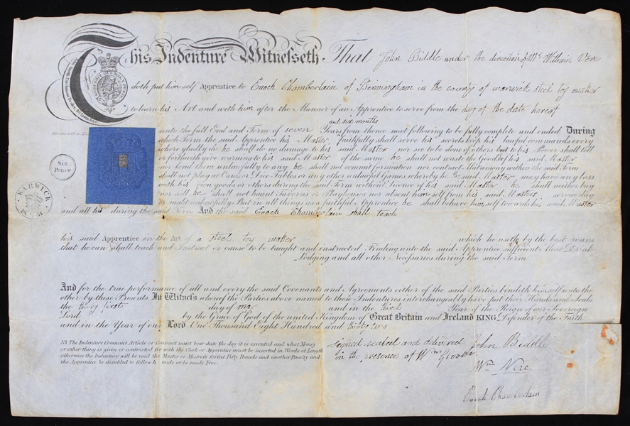1832 John Biddle Enoch Chamberlain Indentured Servitude Certificate
