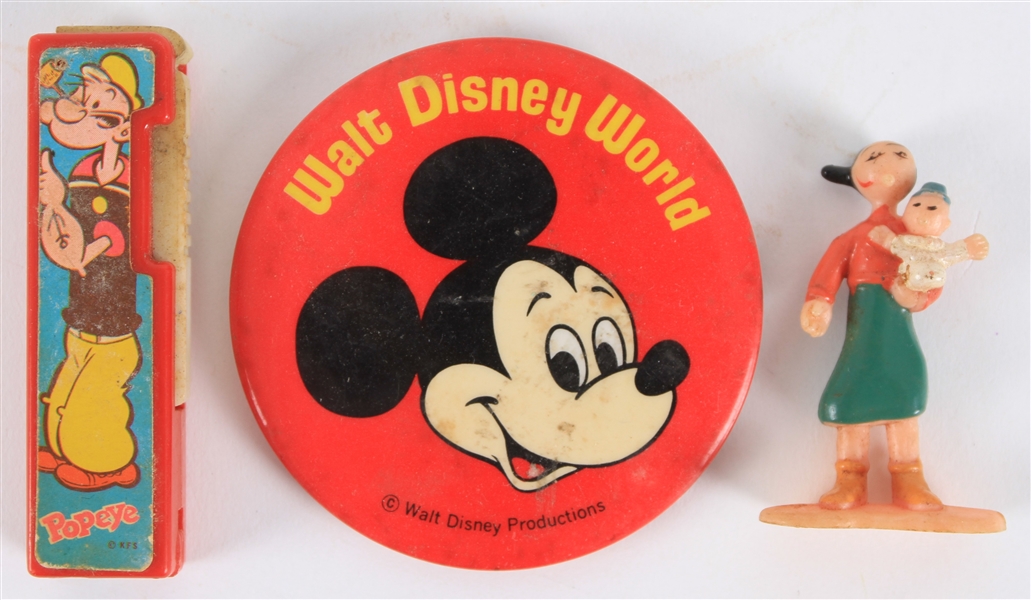 1970s-80s Walt Disney World 3" Pinback Button w/ Popeye Lighter & Olive Oyl Figurine