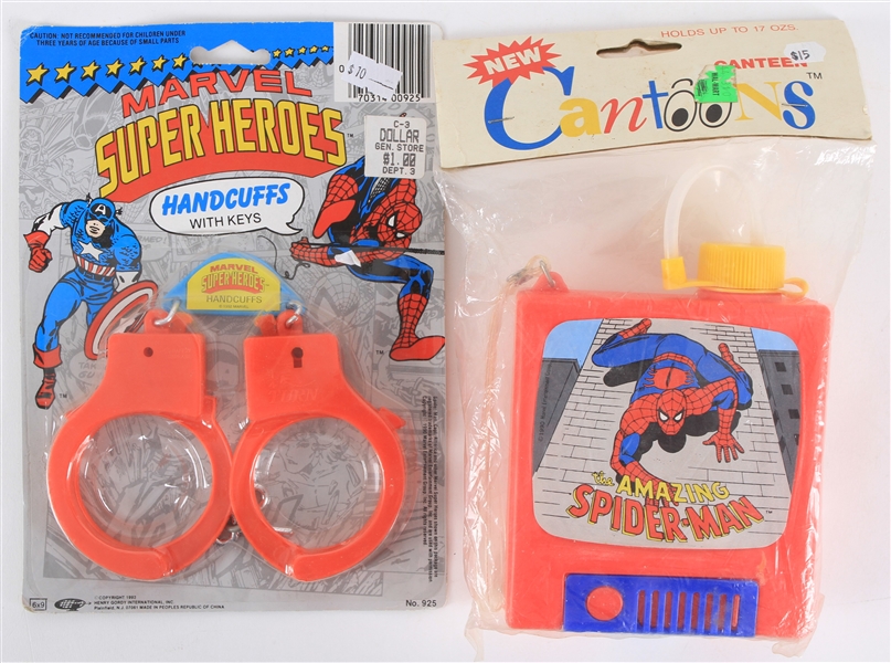 1980s-90 Spiderman MIB Cantoons Canteen & MOC Marvel Super Heroes Handcuffs - Lot of 2 