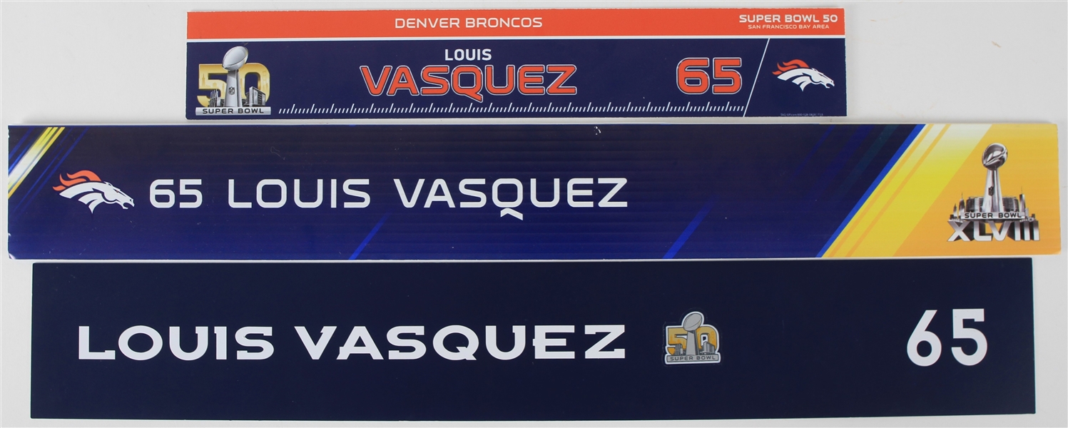 2014-16 Louis Vasquez Denver Broncos Super Bowl XLVIII & 50 Locker Room Nameplates - Lot of 3 (MEARS LOA)