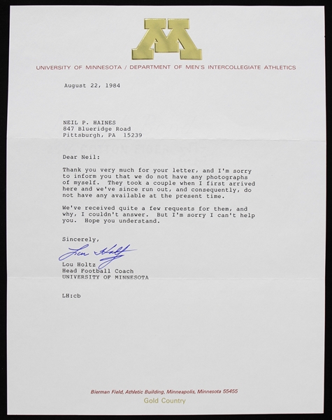 1984 Lou Holtz Minnesota Golden Gophers Signed Letter (JSA)