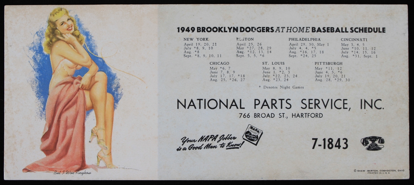 1949 Brooklyn Dodgers Home Schedule Blotter with Good Girl Art
