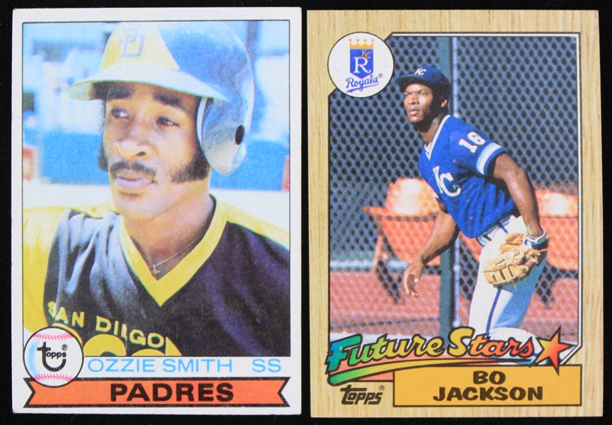 1979-1987 Topps Trading Cards featuring 1979 Ozzie Smith San Diego Padres Topps Trading Card #116 and 1987 Bo Jackson Kansas City Royals Topps Trading Card #170 (Lot of 2)