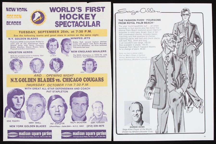 1973-1974 New York Golden Blades Worlds First Hockey Spectacular Flyer and Schedule On the Back with Ticket Order Form and a 1979-80 Gordie Howe Hartford Whalers Sage-Allen Magazine Advertisement...