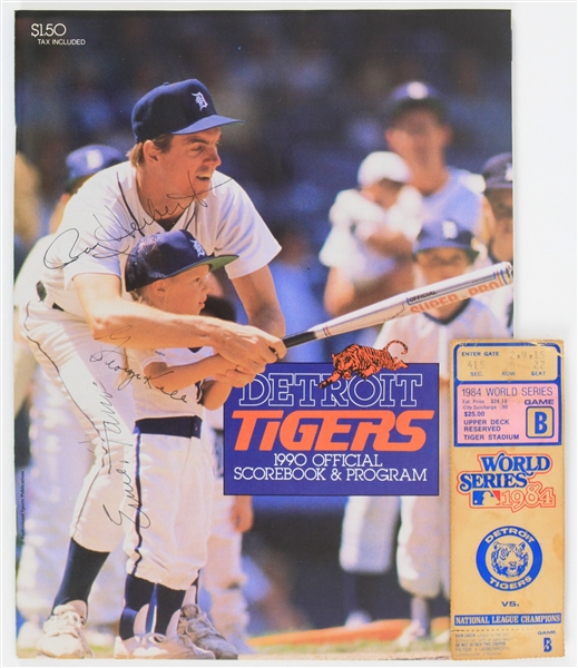 1984-90 Detroit Tigers Memorabilia - Lot of 2 w/ 1984 World Series Ticket Stub and Multi Signed 1990 Game Program