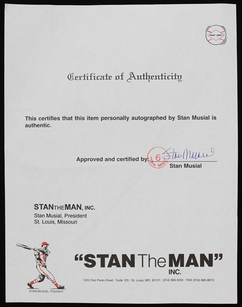 1990s Stan Musial St. Louis Cardinals Signed Stan The Man COA (JSA)