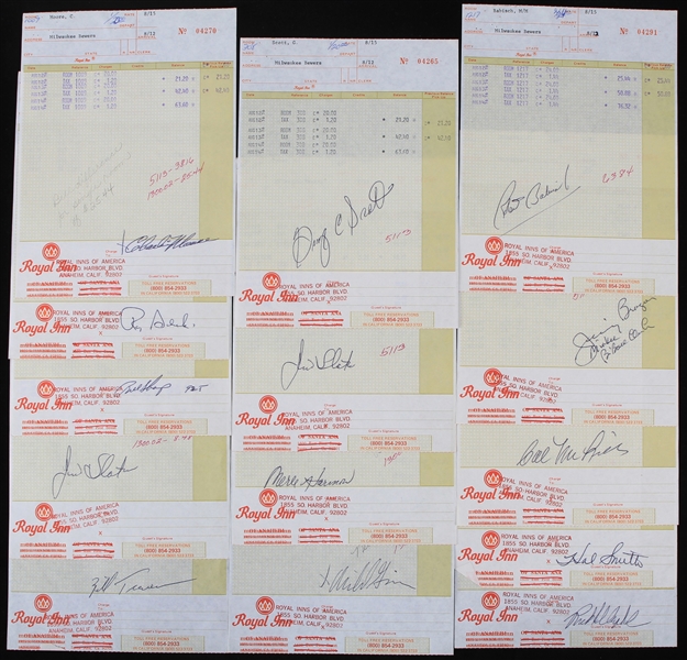 1976 Milwaukee Brewers Signed Royal Inn of Anaheim Hotel Invoices - Lot of 27 w/ Harvey Kuenn, George Scott, Mike Hegan & More (JSA)