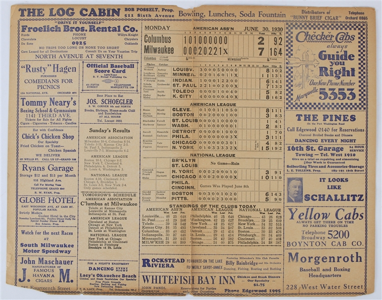 1930 Milwaukee Brewers American Association 11" x 14" The Log Cabin BF Steinel Official Baseball Scorecard Placemat w/ AA, AL & NL Baseball Scores/Standings