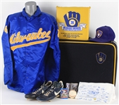 1986-91 Mark Knudson Milwaukee Brewers Personal Memorabilia Collection - Lot of 9 w/ Skyway USA Team Suitcase, Game Worn Cleats, Game Worn Cap, Warm Up Jacket & More (MEARS LOA/JSA)