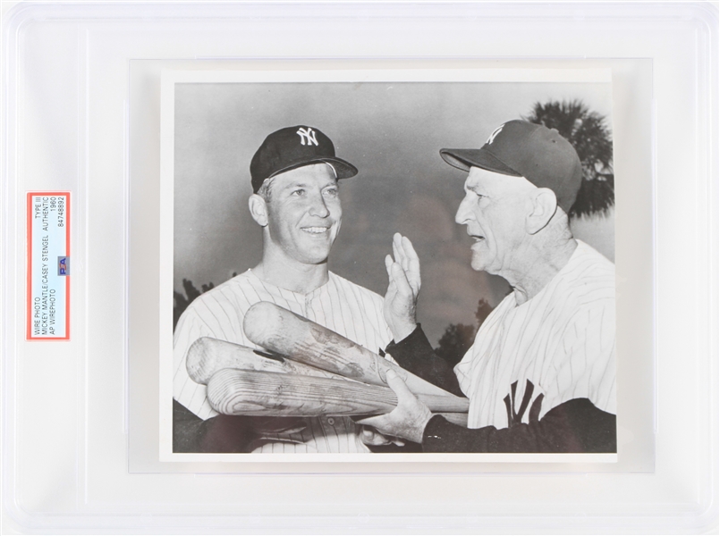 1960 Mickey Mantle and Casey Stengel New York Yankees 8x10 Black and White Associated Press Wire Photo (Type III)(PSA Slabbed)