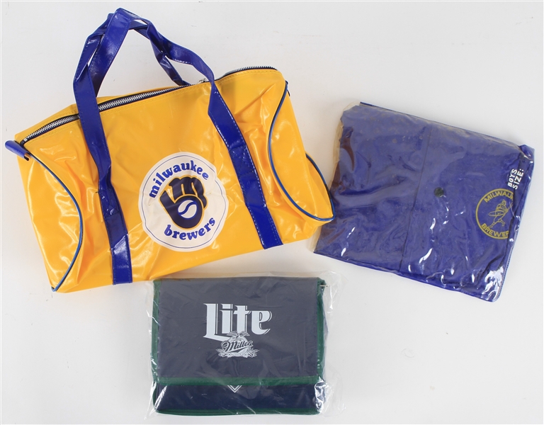 1970s-90s Milwaukee Brewers MIB County Stadium Giveaway Items - Lot of 3 w/ Barrel Man Jacket, Ball in Glove Duffel Bag & Miller Lite Cooler Bag