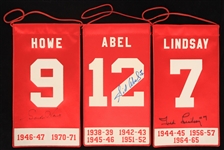 1946-1965 Gordie Howe Sid Abel Ted Lindsay Detroit Red Wings Autographed 10" Banners (Lot of 3) (JSA)