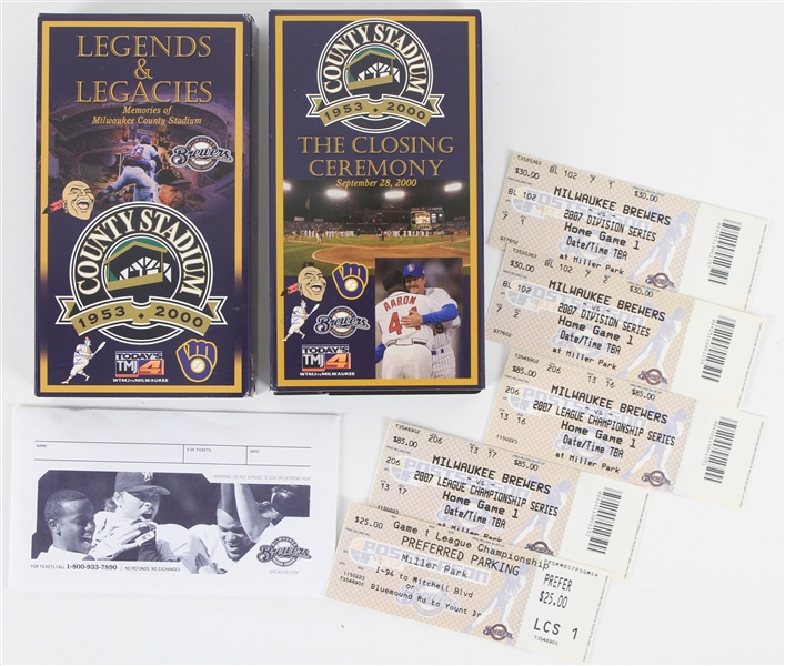 2000-07 Milwaukee Brewers Memorabilia Collection - Lot of 7 w/ County Stadium VHS Tapes and 2007 Postseason Ghost Tickets