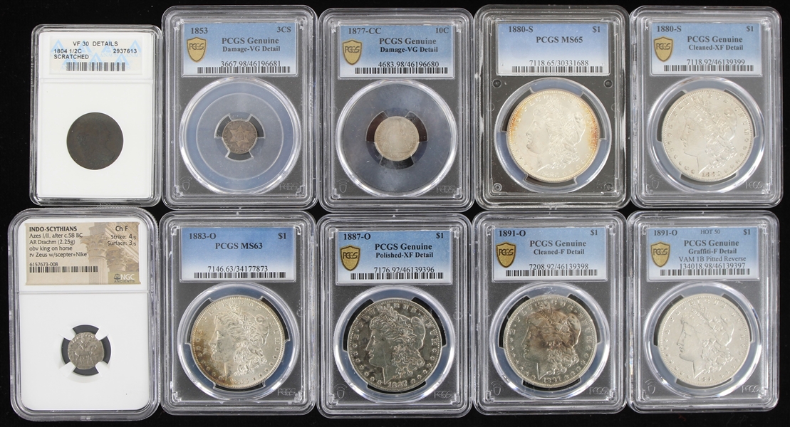 1800s-2000s Slabbed Coin Collection - Lot of 18 w/ Silver Dollars, Pennies, Ancient Currency & More