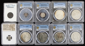 1800s-2000s Slabbed Coin Collection - Lot of 18 w/ Silver Dollars, Pennies, Ancient Currency & More