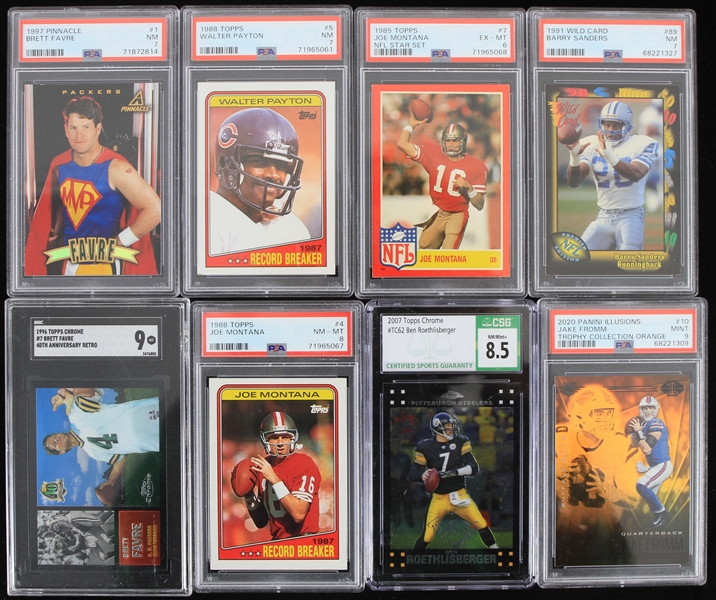 1950s-2020s Slabbed Football Trading Card Collection - Lot of 15 w/ Joe Montana, Walter Payton, Brett Favre, Barry Sanders & More 