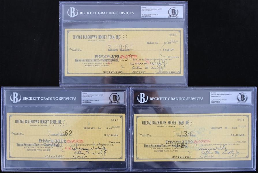 1962 Chicago Blackhawks Signed Checks - Lot of 3 w/ Pierre Pilote, Elmer Vasko, Ken Wharram, William Wirtz & Arthur Wirtz (Beckett Slabbed)  