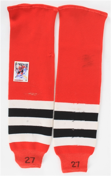 1990s Jeremy Roenick Chicago Blackhawks Game Worn Socks + Signed Upper Deck Trading Card (MEARS LOA/JSA/Double Deke COA)