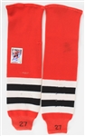 1990s Jeremy Roenick Chicago Blackhawks Game Worn Socks + Signed Upper Deck Trading Card (MEARS LOA/JSA/Double Deke COA)