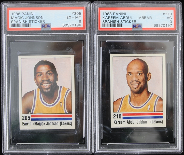 1988 Magic Johnson and Kareem Abdul Jabber Los Angeles Lakers Panini Stickers (PSA Slabbed) (Lot of 2)