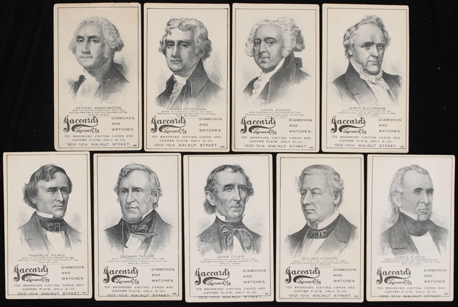 1900s Jaccards Diamond and Watches Presidental 2 1/2 x 4 1/2 Cabinet Cards (Blank Back) (Lot of 9)