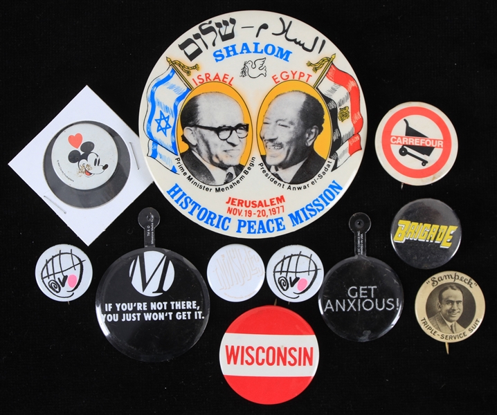 1920s-90s American Pinback Button Collection - Lot of 11 w/ Mickey Mouse, Shalom Historic Jerusalem Peace Mission, Wisconsin & More 