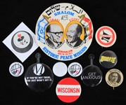 1920s-90s American Pinback Button Collection - Lot of 11 w/ Mickey Mouse, Shalom Historic Jerusalem Peace Mission, Wisconsin & More 